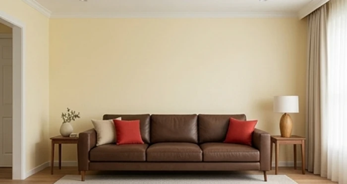 Phòng khách chuẩn quy tắc 60 30 10 với tường kem nhạt, sofa nâu đất và gối tựa màu đỏ cho gia chủ 1976