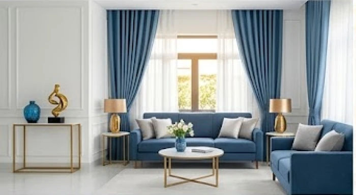 Căn hộ mẫu áp dụng nguyên tắc phân bổ sáu mươi phần trăm màu trắng xám phối cùng rèm xanh dương