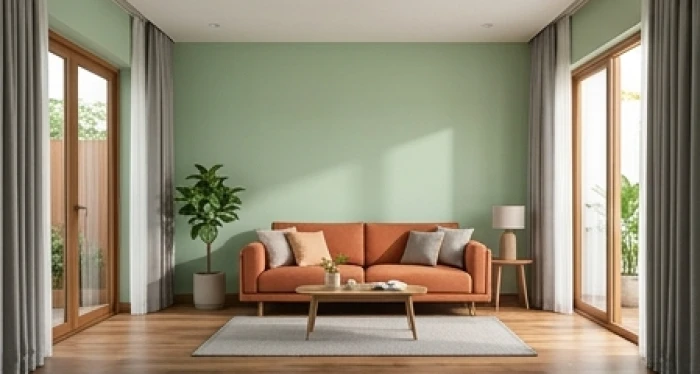 Không gian phòng khách phối màu chuẩn phong thủy với tường xanh pastel nhạt, sofa cam đất và rèm cửa màu xám