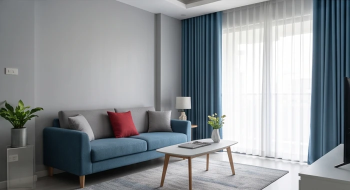 Phòng khách hiện đại phối màu tường xám trắng ga giường xanh dương và gối tựa đỏ chuẩn tỷ lệ 60-30-10