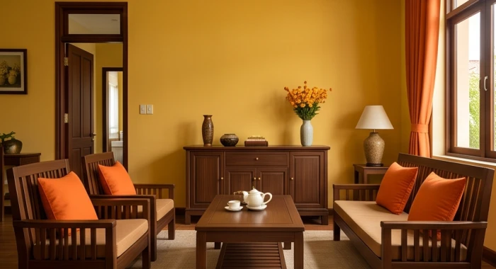 Phòng khách sơn tường vàng sậm kết hợp nội thất gỗ nâu đất và gối tựa màu cam hợp mệnh gia chủ kỷ dậu 1969