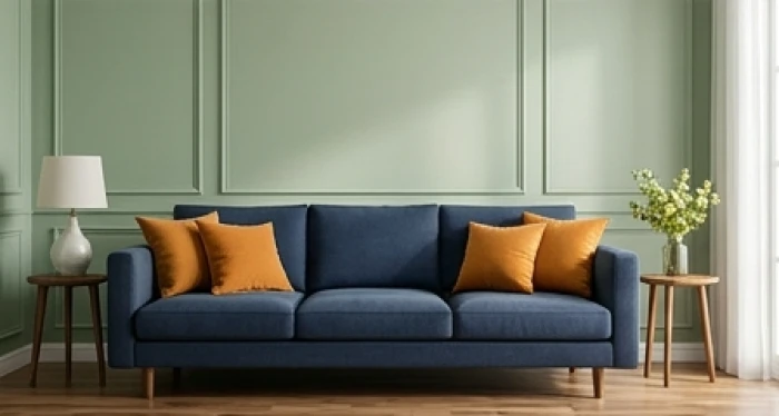Phòng khách hài hòa theo tỷ lệ màu sắc với tường xanh lục nhạt, ghế sofa xanh dương sẫm và gối tựa màu cam ấm