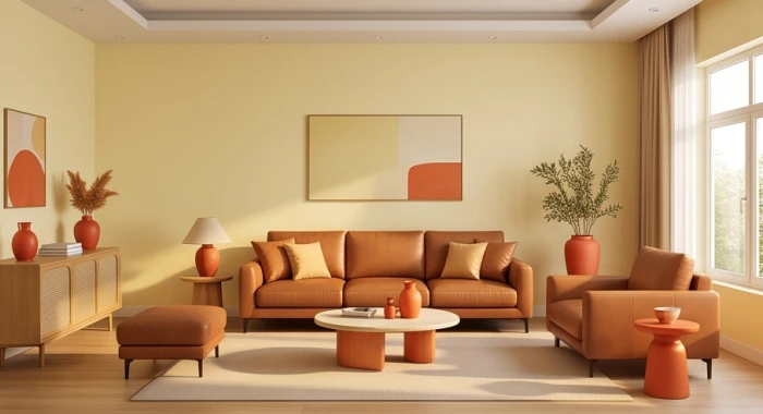Không gian phòng khách phối màu theo tỷ lệ chuẩn với tường trắng kem cùng bộ sofa da màu nâu vân gỗ sang trọng
