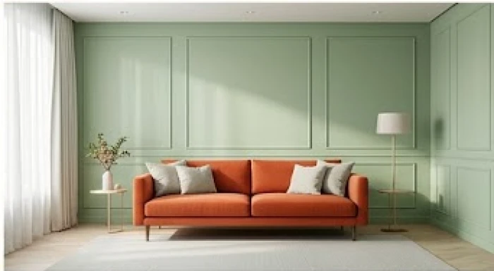 Phòng khách ứng dụng quy tắc phối màu với tông nền xanh lục nhạt kết hợp cùng ghế sofa màu cam đất