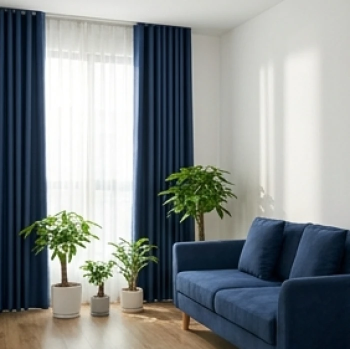 Phòng khách bố trí tường trắng sứ rèm cửa xanh biển và chậu kim ngân xanh tốt theo tỷ lệ chuẩn