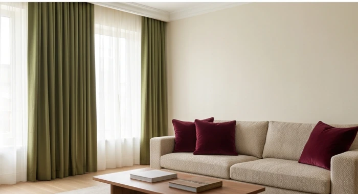 Không gian phòng khách phối màu tường vàng kem cùng rèm xanh rêu và gối sofa đỏ đô hài hòa