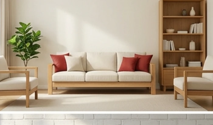 Phòng khách chuẩn tỷ lệ phối màu 60 30 10 với sơn tường trắng kem và sofa gỗ hợp tuổi Đinh Mão 1987