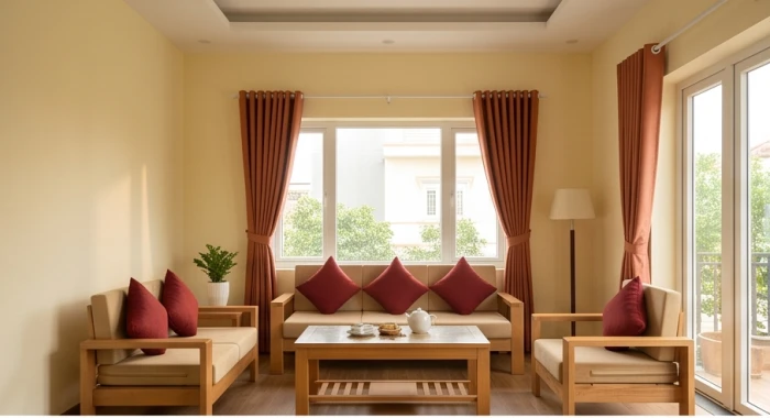Phòng khách với tường màu vàng nhạt chiếm phần lớn kết hợp gối tựa đỏ trầm theo tỷ lệ màu tương sinh mệnh Thổ