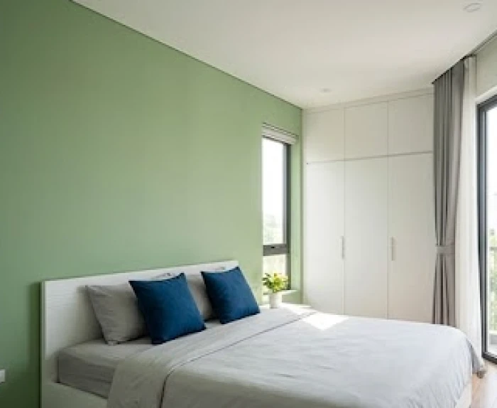 Phòng ngủ bố trí theo nguyên tắc 60-30-10 với tường xanh lá nhạt kết hợp trần trắng và gối tựa xanh dương