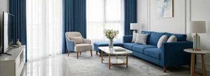 Phòng khách sang trọng được thiết kế với tông màu trắng và xanh dương hài hòa tạo cảm giác bình yên