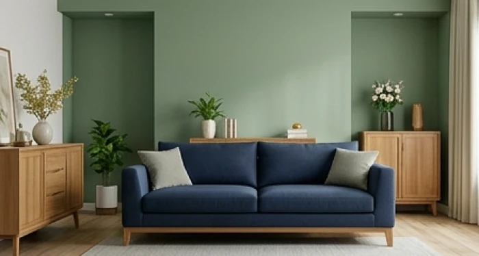 Phòng khách ấm cúng sơn tường màu xanh lá nhạt kết hợp bộ sofa vải màu xanh dương sẫm theo tỷ lệ phong thủy