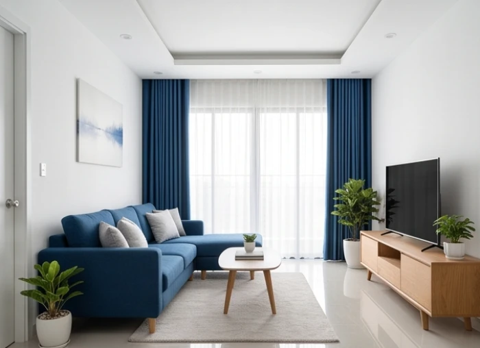 Phòng khách chuẩn quy tắc phối màu 60 tường trắng 30 sofa xanh biển và 10 nội thất gỗ ấm áp