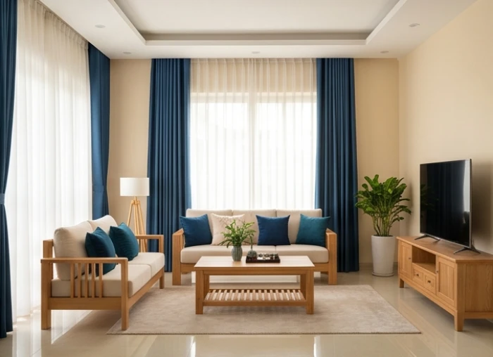 Bố cục phòng khách áp dụng tỷ lệ vàng với tường kem nhẹ, nội thất gỗ tự nhiên và điểm nhấn rèm xanh