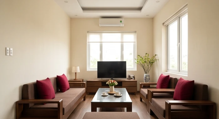 Phòng khách ấm cúng sơn tường vàng kem kết hợp nội thất gỗ tự nhiên và gối tựa màu đỏ đô tao nhã