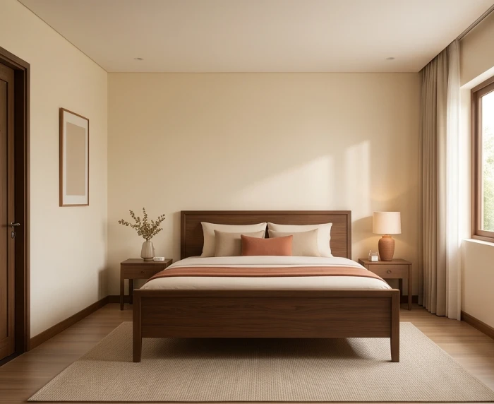 Căn phòng ngủ phối màu theo tỷ lệ chuẩn 60 30 10 với tường vàng kem nội thất gỗ và gối tựa điểm nhấn