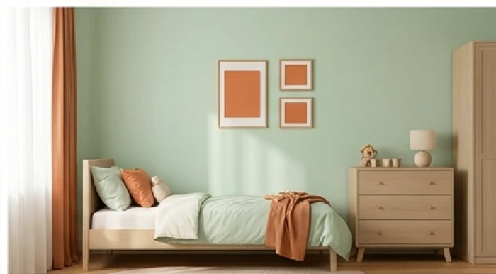 Không gian phòng ngủ kết hợp hoàn hảo giữa tông xanh pastel, nâu gỗ tự nhiên và một chút màu cam gạch