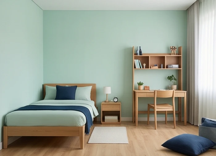 Căn phòng áp dụng tỷ lệ mảng màu tường xanh nhạt cùng đồ nội thất gỗ hài hòa