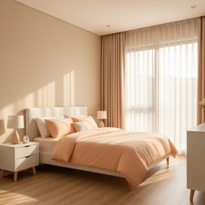 Phòng ngủ bé tuổi canh tý phối màu hài hòa tường kem chăn ga màu đào và điểm nhấn trắng nhạt