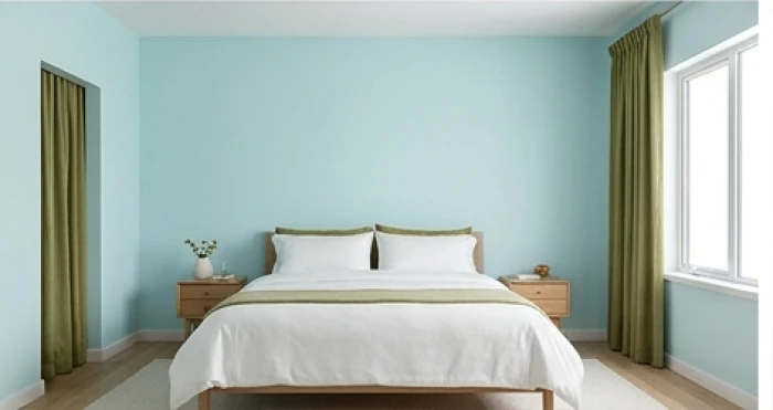 Phòng ngủ vợ chồng hài hòa với tường màu xanh lam pastel, ga trải giường trắng và rèm cửa màu xanh rêu nhẹ nhàng