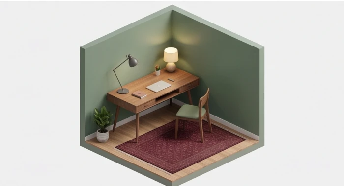 Góc làm việc tinh tế kết hợp hài hòa giữa bức tường sơn xanh lá mộc mạc và tấm thảm trải sàn màu đỏ đô