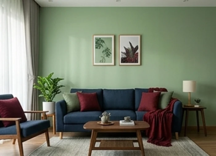 Phòng khách ứng dụng tỷ lệ 60% màu xanh lá, 30% xanh dương và 10% điểm nhấn màu đỏ sẫm hài hòa