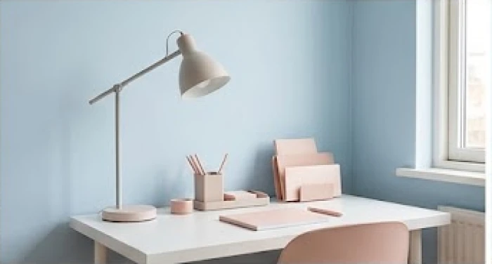 Góc làm việc dành cho nữ mạng Canh Dần sử dụng màu xanh pastel làm nền kết hợp điểm nhấn màu hồng dịu mắt