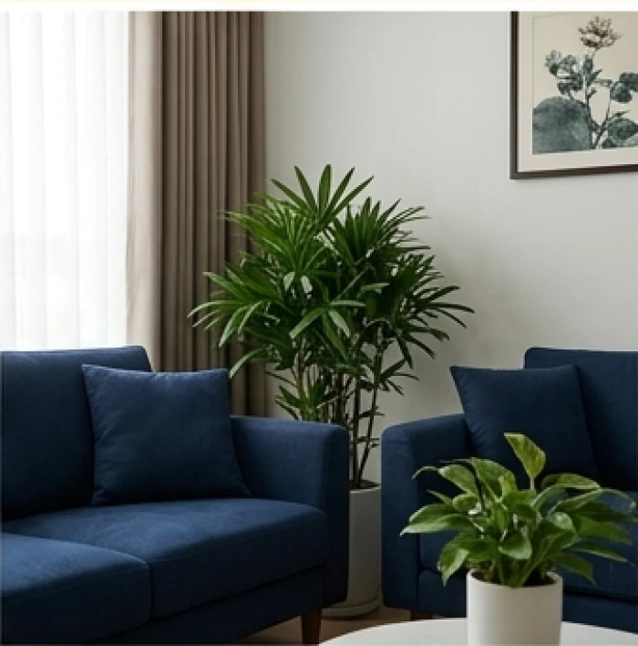 Phòng khách hiện đại phối màu xanh dương sậm cùng cây xanh tự nhiên cân bằng ngũ hành