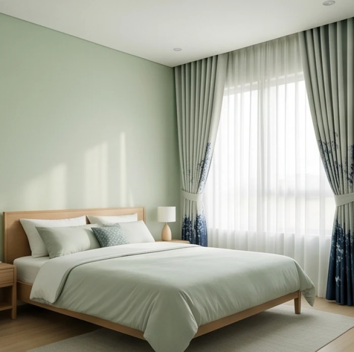 Phòng ngủ yên tĩnh với rèm cửa điểm họa tiết xanh dương đậm giúp bổ sung thủy khí nhẹ nhàng cho bản mệnh 1981
