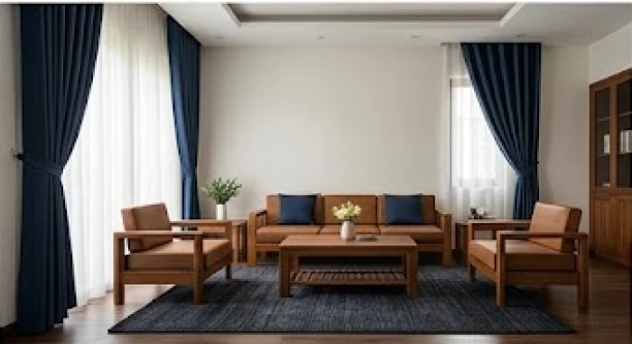 Phòng khách tường trắng được trung hòa sinh khí bởi rèm cửa xanh dương đậm và thảm trải sàn tối màu cho người mệnh Mộc