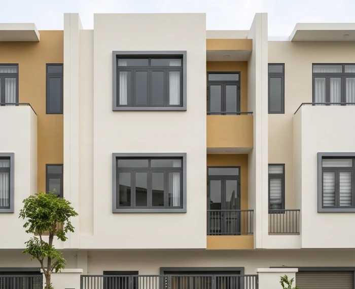Mặt tiền nhà phố hiện đại áp dụng tỷ lệ phối màu sáu mươi ba mươi mười hài hòa