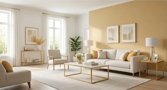 Không gian phòng khách ứng dụng quy tắc 60 30 10 với tường trắng sứ sàn gỗ nâu và viền kim loại