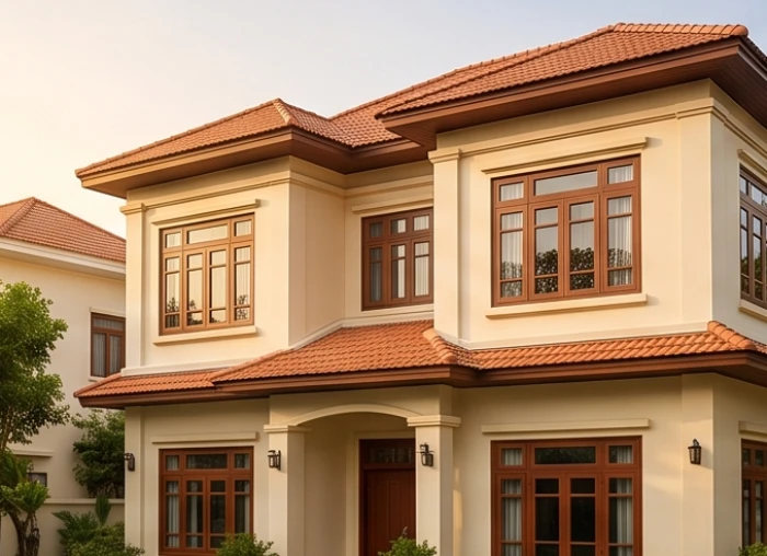 Mặt tiền ngôi nhà sơn màu kem vàng ấm áp áp dụng nguyên tắc chọn mậu tý 1948 hợp màu gì