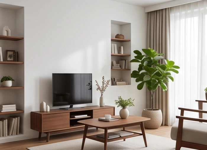 Không gian sống được phân bổ màu sắc hài hòa với phần lớn diện tích là bức tường sơn màu trắng sứ