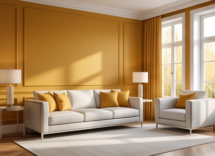 Không gian phòng khách sang trọng với bức tường màu vàng hoàng thổ làm nền và bộ sofa màu trắng bạc làm điểm nhấn tinh tế