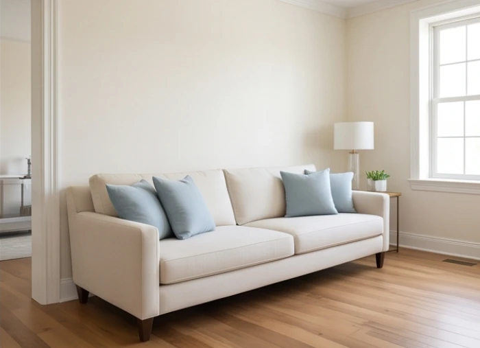 Phòng khách sơn tường màu trắng kem điểm xuyết những chiếc gối tựa sofa màu xanh dương nhạt