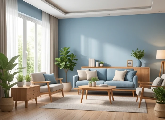 Phòng khách hiện đại sơn tường màu xanh lam nhẹ nhàng kết hợp nội thất gỗ và cây xanh cho mệnh Mộc