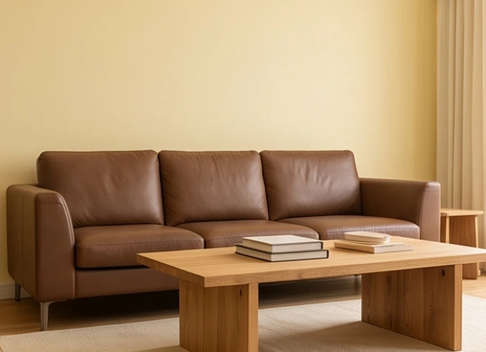 Góc phòng khách hài hòa với tường sơn màu vàng nhạt và ghế sofa da màu nâu cà phê