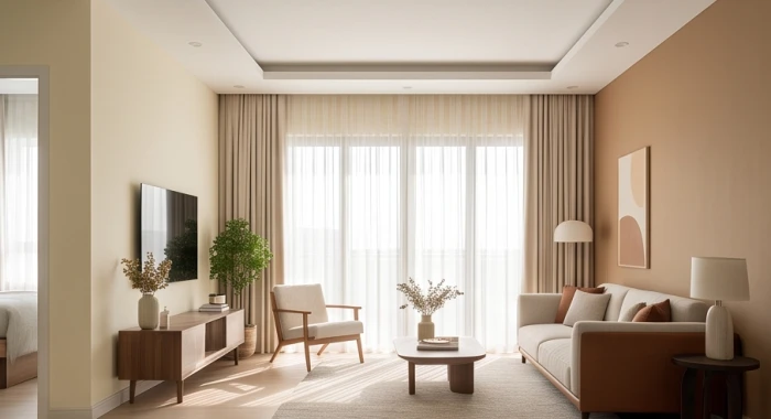 Phòng khách tràn ngập ánh sáng tự nhiên với tường màu kem nhạt kết hợp mảng tường nhấn hài hòa theo ngũ hành