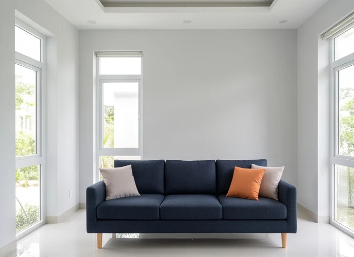 Phòng khách chung cư hiện đại phối màu xám nhạt và sofa xanh dương theo tỷ lệ vàng hợp mệnh Giản Hạ Thủy