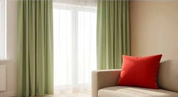 Bức tường trần màu be sáng kết hợp rèm cửa xanh lá dịu nhẹ và chiếc gối tựa màu đỏ nổi bật
