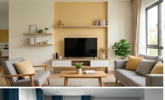 Phòng khách hiện đại phối mẫu màu sơn nhà hợp tuổi Mão với vách điểm nhấn tivi hài hòa