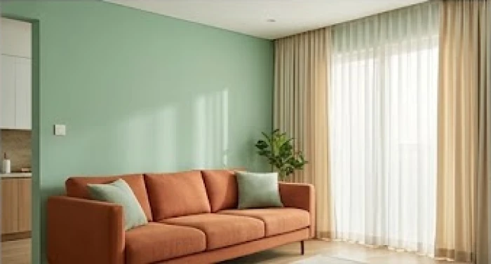 Phòng khách hiện đại tường sơn xanh ngọc dịu nhẹ kết hợp sofa màu cam đất ấm cúng cho tuổi Bính Dần