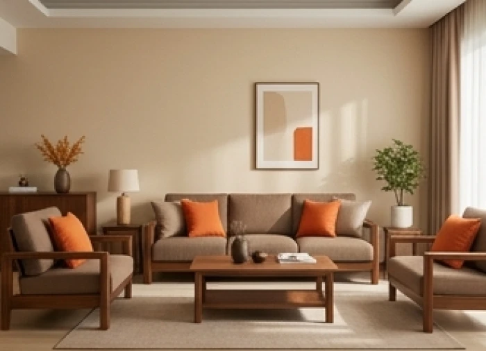 Phòng khách hiện đại áp dụng quy tắc 60-30-10 với tường màu be, sofa nâu và gối tựa cam điểm nhấn.