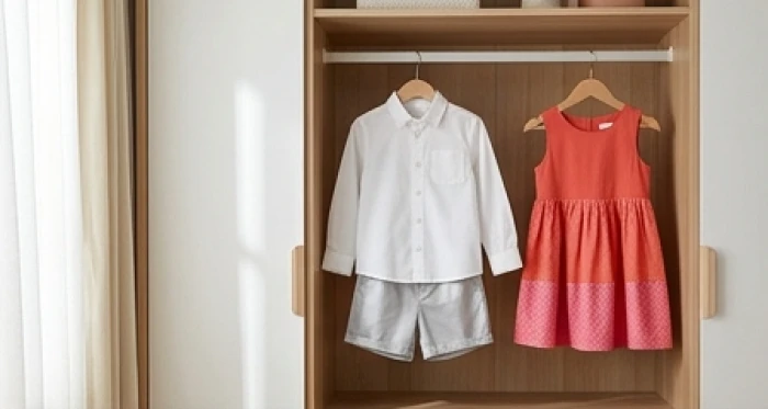 Sự đối lập hài hòa giữa trang phục xám trắng cho bé trai cung Càn và váy đỏ hồng cho bé gái cung Ly