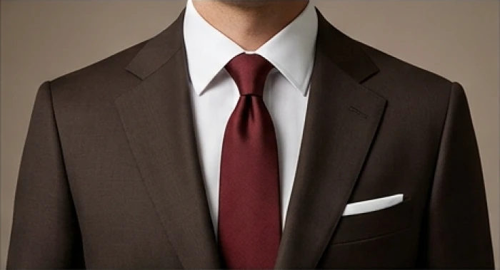 Bộ vest công sở nam màu nâu trầm kết hợp chiếc cà vạt đỏ đô sang trọng cho nam Canh Ngọ