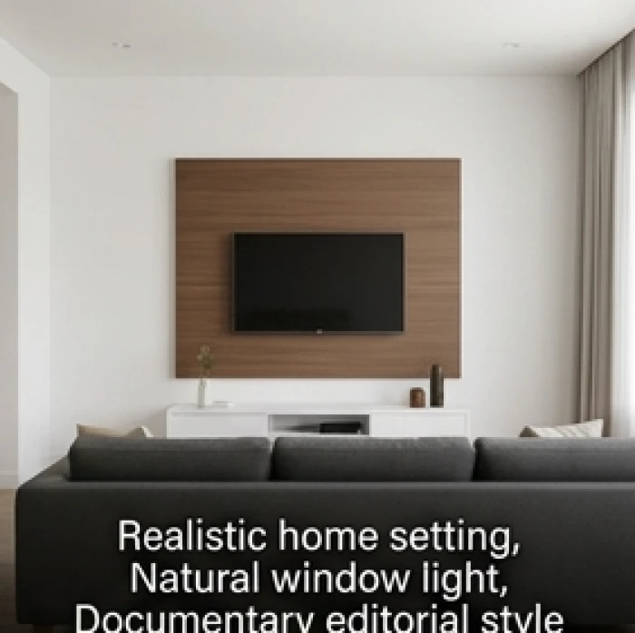 Sự kết hợp hoàn hảo giữa tường trắng sứ, vách ốp gỗ nâu và bộ sofa xám ghi chuẩn tương sinh Thổ sinh Kim