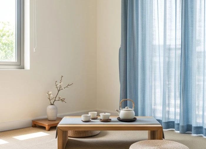 Góc phòng trà nhỏ với nền tường trắng kem kết hợp điểm nhấn rèm cửa xanh da trời nhạt êm dịu