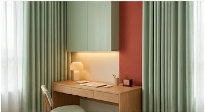 Phòng làm việc của người mệnh Hỏa với tường điểm nhấn màu đỏ đô ấm áp kết hợp nội thất xanh lục hài hòa