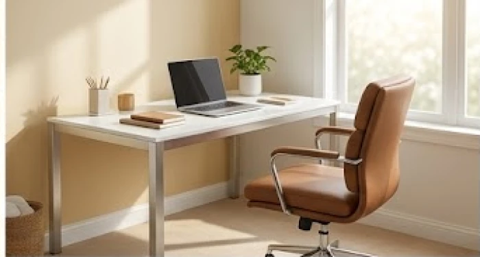 Không gian làm việc kết hợp màu nâu đất và trắng ánh kim giúp người tuổi Tân Hợi duy trì sự tập trung