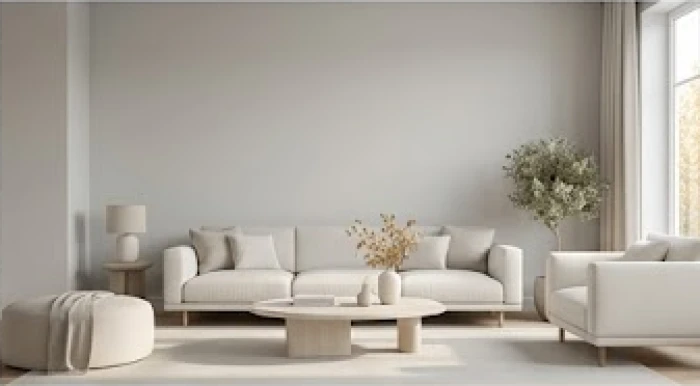 Căn phòng khách sử dụng tông màu xám nhạt và trắng ngà làm chủ đạo mang lại cảm giác thanh tĩnh dịu nhẹ